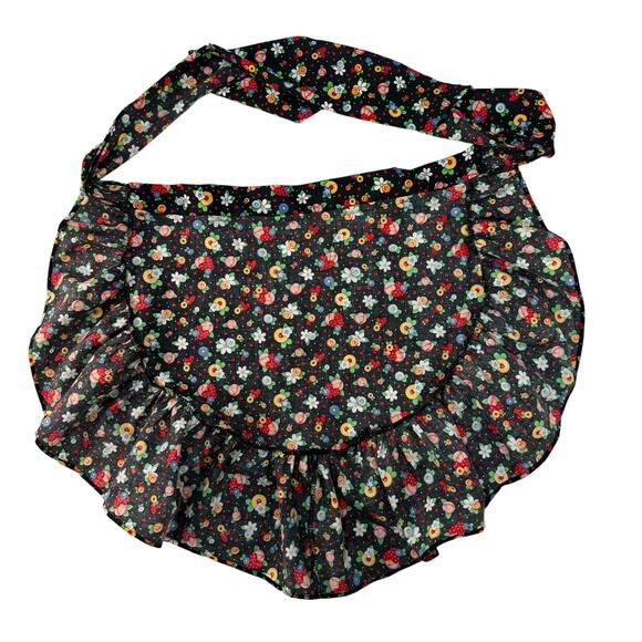 Vintage Mary Engelbreit 90s Apron Black Floral Fruit Ruffle Pocket Cotton - Picture 3 of 4